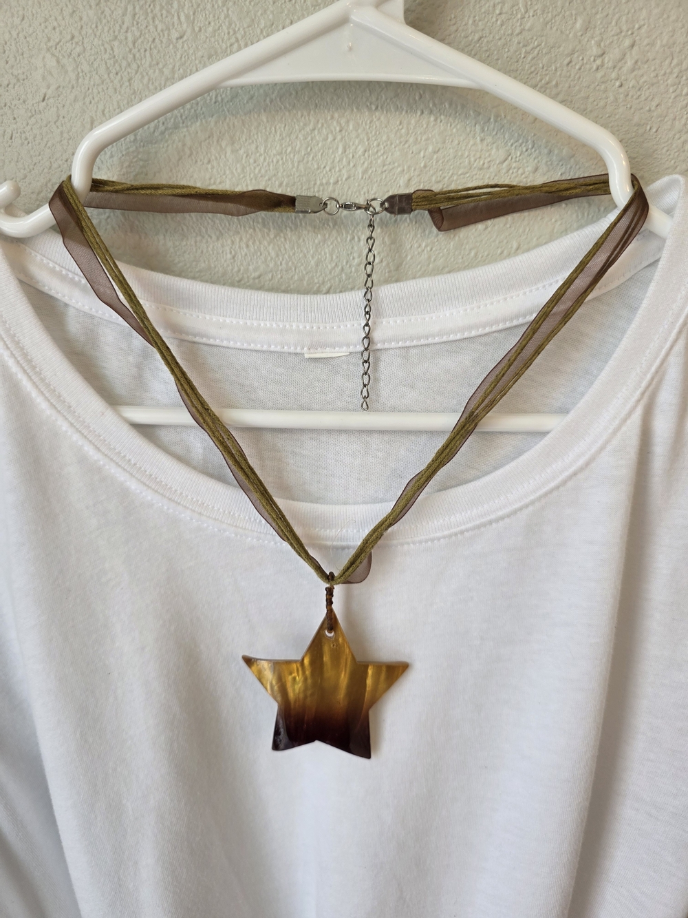 Star Pendant Ribbon Necklace - Brown & Gold Tones #52